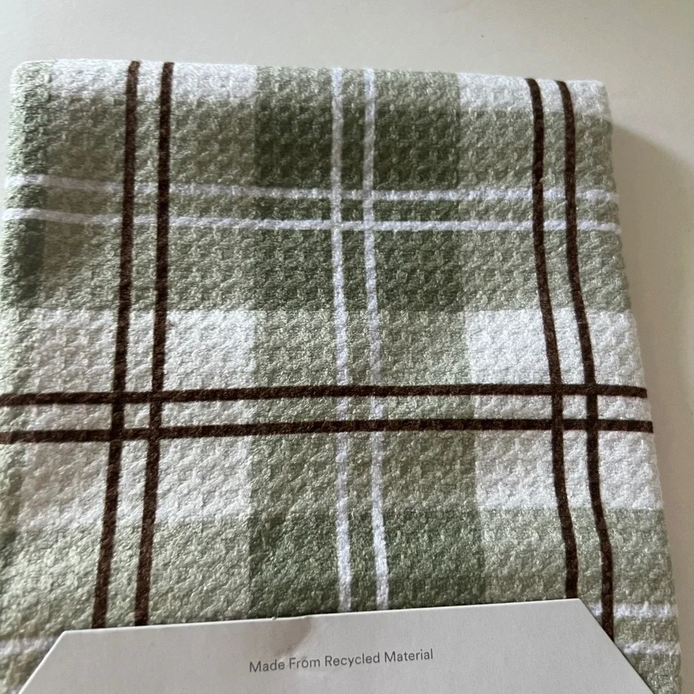Geometry Kitchen Tea Towel Plaid White Green Brown 18 x 30